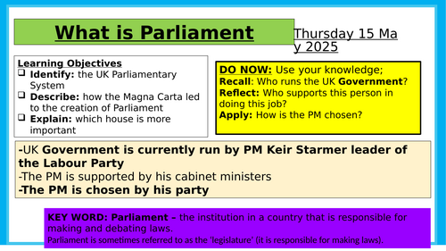 AQA Citizenship -L1 Introduction lesson for P&P -  What is Parliament