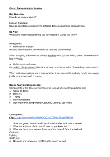 KS3/ Year 9 written dance analysis lesson.