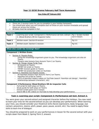 AQA GCSE Drama holiday homework revision- Section A, Things I Know To Be True, Hamilton revision.