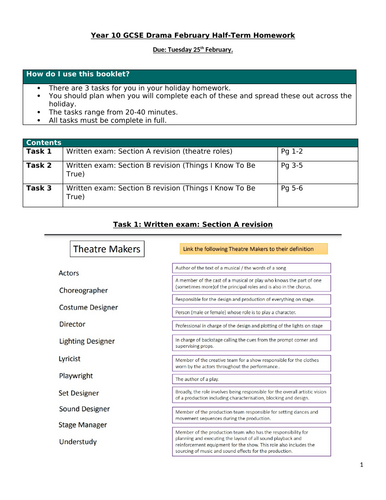 AQA GCSE Drama revision booklet, Section A, Section B- Thing I Know To Be True