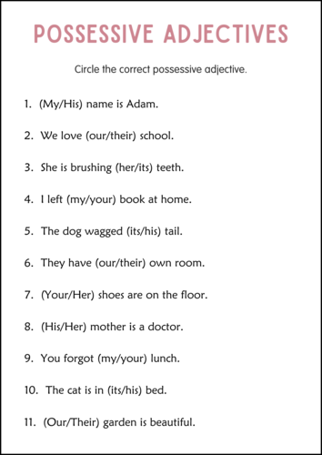 Possessive Adjectives Grammar Worksheets - Possessive Adjectives Exercises