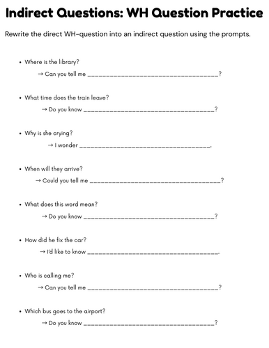 indirect questions from wh questions exercises