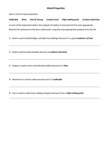 Properties and Uses of Metals worksheet with answers