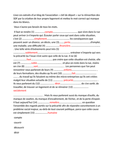 A LEVEL FRENCH gap fill exercise with answer key