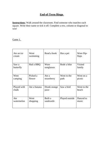 End of Term / Year, Summer Bingo Game Worksheet