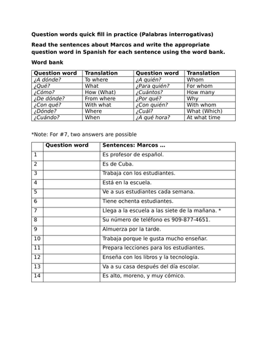 Question words quick fill in practice (Palabras interrogativas)