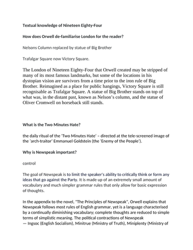 A LEVEL ENGLISH LITERATURE Textual Knowledge of "Nineteen Eighty-Four"
