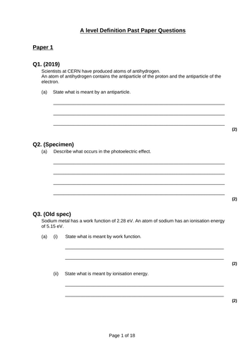 A level Physics definition questions