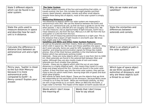 Solar System Distances and Satellite Frayer Literacy Task