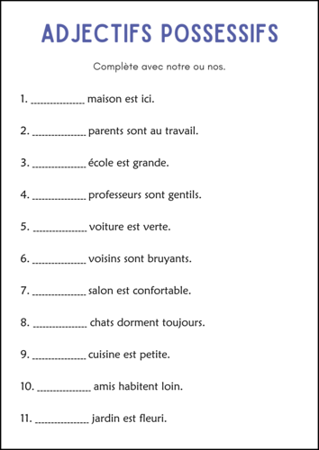 Adjectifs Possessifs - Possessive Adjectives Grammar Worksheets in French