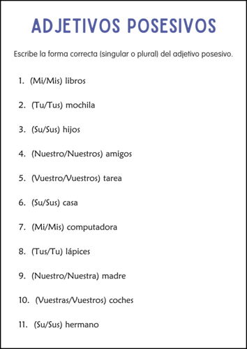 Adjetivos Posesivos - Possessive Adjectives Grammar Worksheets in Spanish