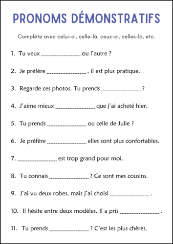 Demonstrative and Interrogative Pronouns Grammar Worksheets in French