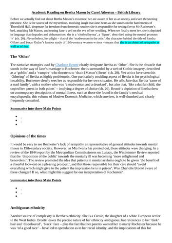 Jane Eyre - Bertha Mason Wider Reading Sheet
