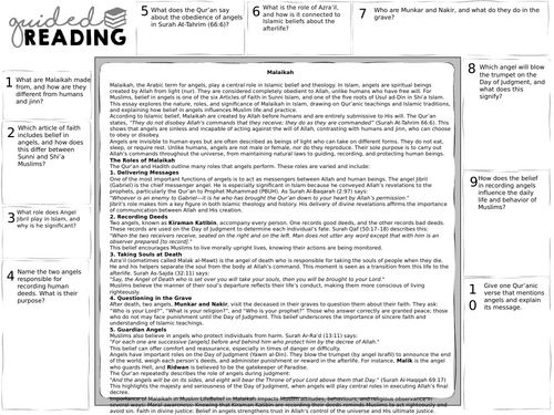 Malaikah (angels) guided reading sheet