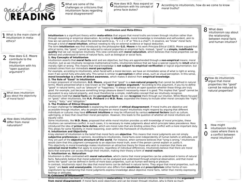 A-Level meta-ethics: intuitionism Guided Reading