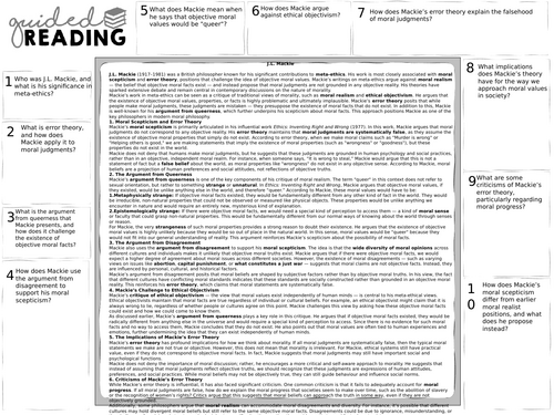 A-Level Meta-ethics: JL Mackie guided Reading