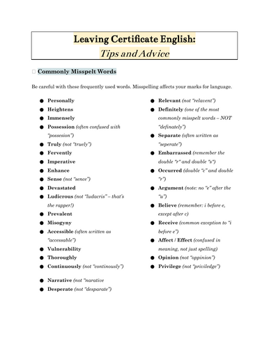 Leaving Certificate English – Tips and Advice (Exam Survival Guide) WORD.DOC