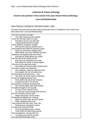 L&R Anthology Complete Essay for 'Porphyria's Lover' & 'Farmers Bride'