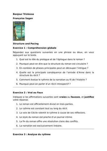 Bonjour Tristesse - Françoise Sagan - Structure and Pacing