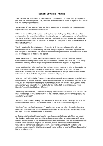 The Castle Of Otranto - Character Study of Manfred Assessment