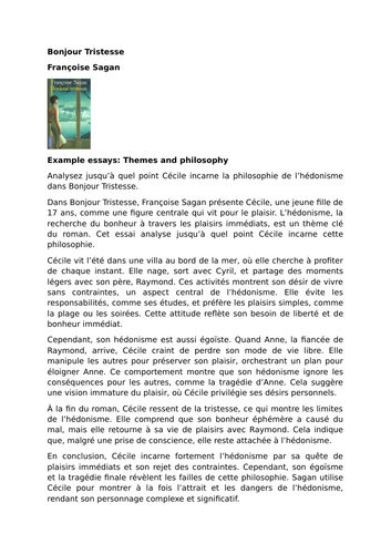 Bonjour Tristesse - Françoise Sagan - Example essays: Themes and philosophy