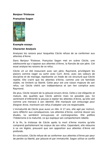 Bonjour Tristesse - Françoise Sagan - Example essays - Characters