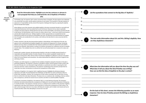 An Inspector Calls - Big Idea of Duplicity GRADE 9