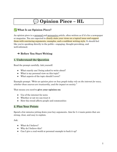 Opinion Piece Writing Resource – Higher Level English