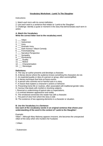 Vocabulary Worksheet - Lamb To The Slaughter