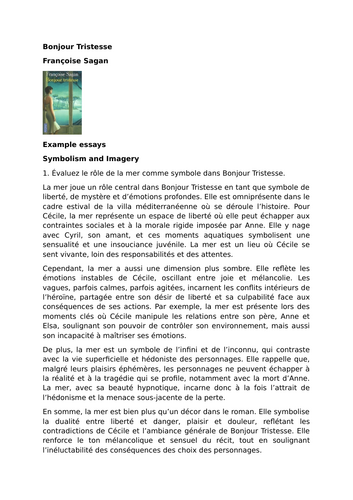 Bonjour Tristesse - Françoise Sagan - Example essays - Symbolism and Imagery