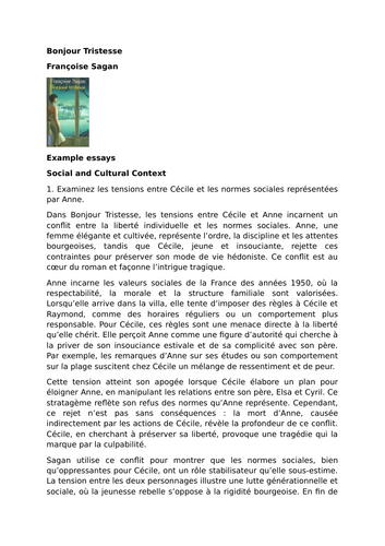 Bonjour Tristesse - Françoise Sagan - Example essays - Social and Cultural Context