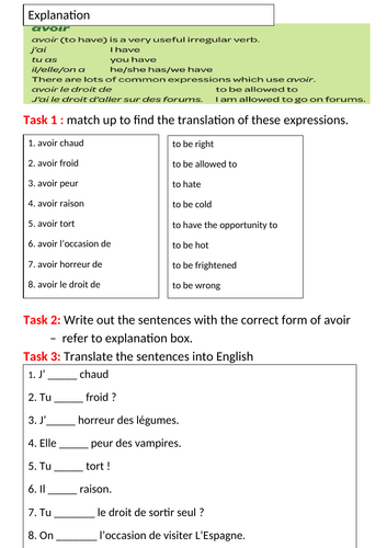 Year 9 French Cover lesson