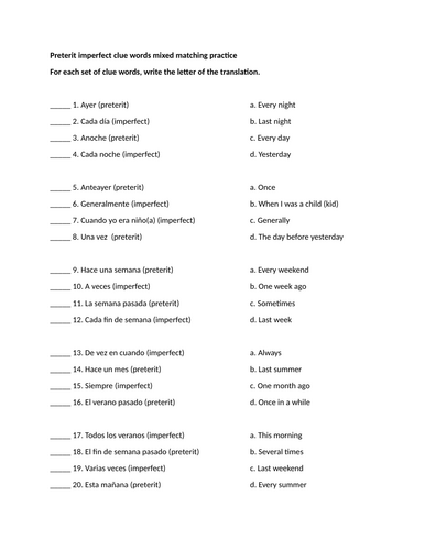 Preterit imperfect clue words mixed matching practice