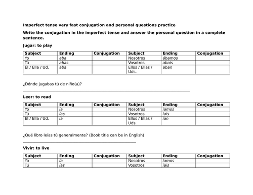 Imperfect tense very fast conjugation and personal questions practice