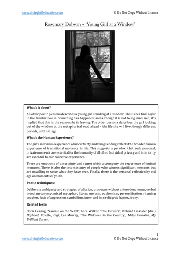 HSC Close reading notes: Rosemary Dobson, 'Young Girl at a Window'