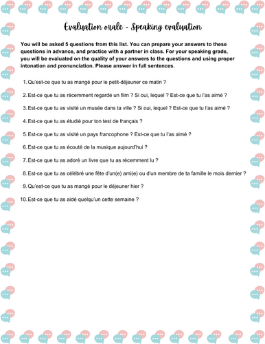 French speaking activity passé composé regular verbs (auxiliaire avoir)