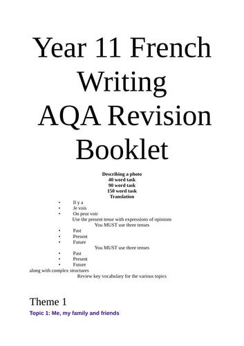 Year 11 French Writing  Revision Booklet
