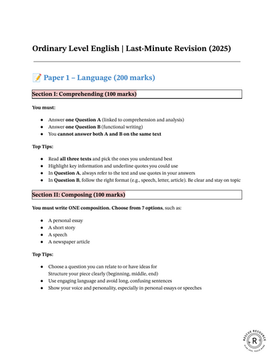 6th Year Ordinary Level English – Last Minute Revision (2025)