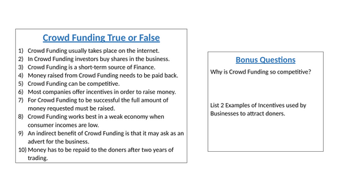 Business Studies Paper 1: Long Term Sources of Finance Review Activity