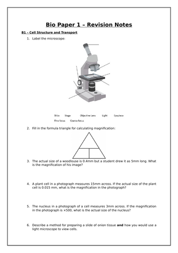 AQA GCSE Combined Science Biology Paper 1 - Questions