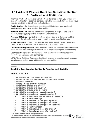 AQA A-Level Physics Quickfire Questions Section 1: Particles and Radiation