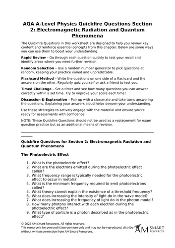 AQA A-Level Physics Quickfire Questions Section 2: Electromagnetic Radiation and Quantum Phenomena