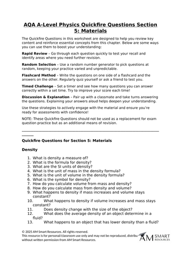 AQA A-Level Physics Quickfire Questions Section 5: Materials
