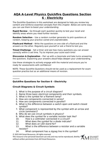 AQA A-Level Physics Quickfire Questions Section 6: Electricity