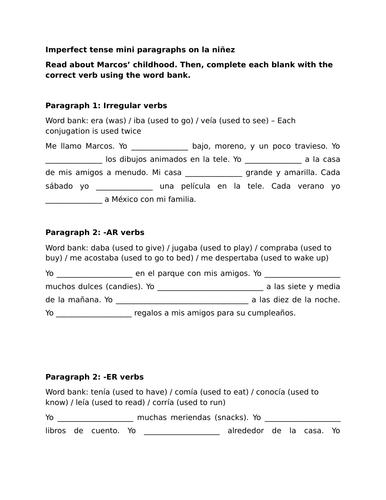 Imperfect tense mini paragraphs on la niñez