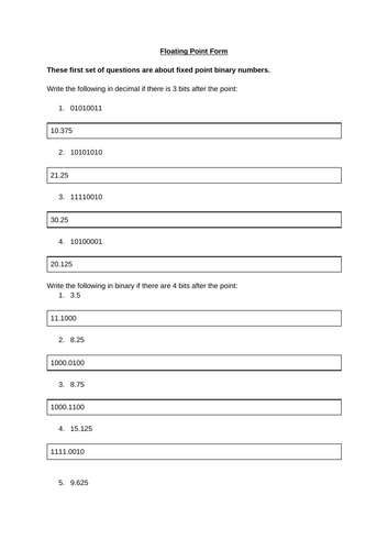 Floating Point Worksheet w/ Answers
