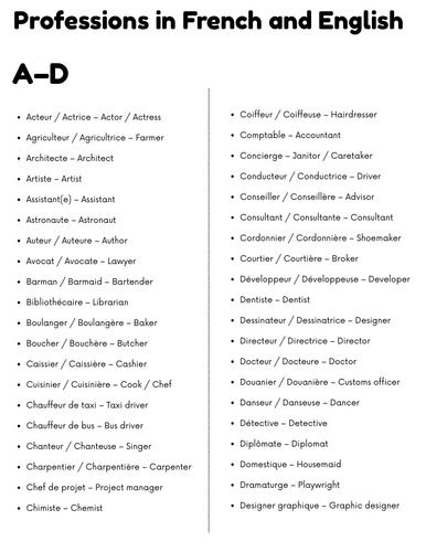 Professions in French and English