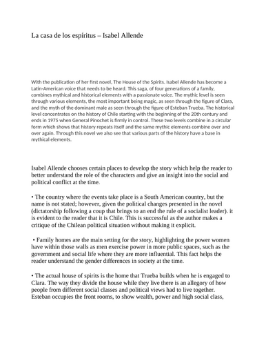La Casa de los Espíritus: A LEVEL SPANISH REVISION SHEET