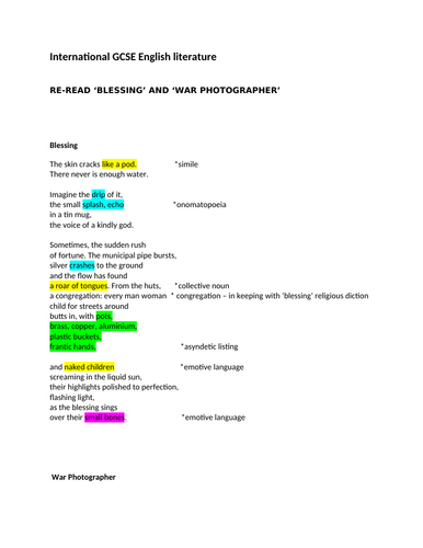 iGCSE ENGLISH LITERATURE poetry comparison "War Photographer" and "Blessing"