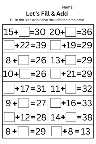 Printable Addition Fill in the Blanks Worksheet